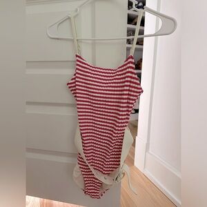 Solid & Striped one piece striped swimsuit with belt.